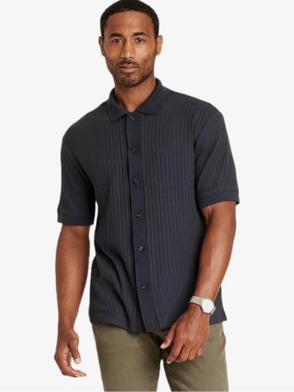Good Fellow‎ & Co Men's Short Sleeve Jacquard Knit Polo Charcoal Gray Sz L NWT